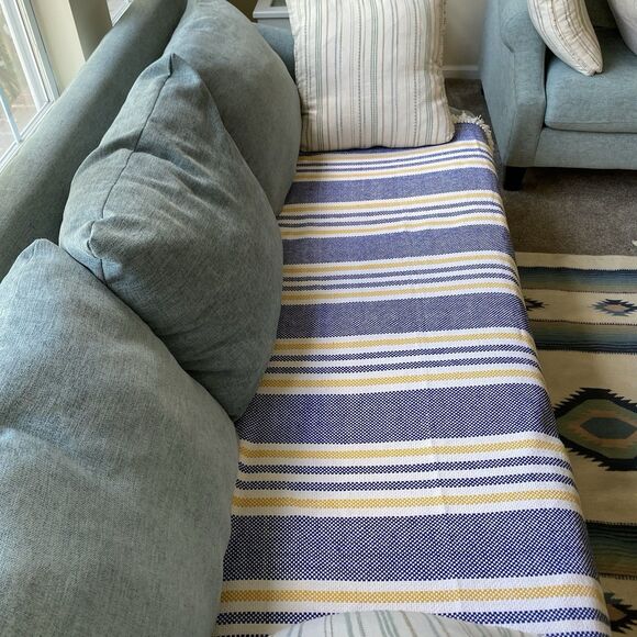 Pottery Barn Handwoven Throw Blanket 66x66”Navy Striped Modern Farmhouse Coastal - Picture 2 of 8